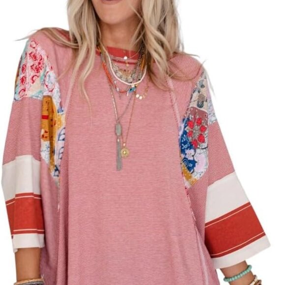 unbranded Tops - Round Neck Red Striped Floral Colorblock Patwork Oversized Tshirt Size Medium